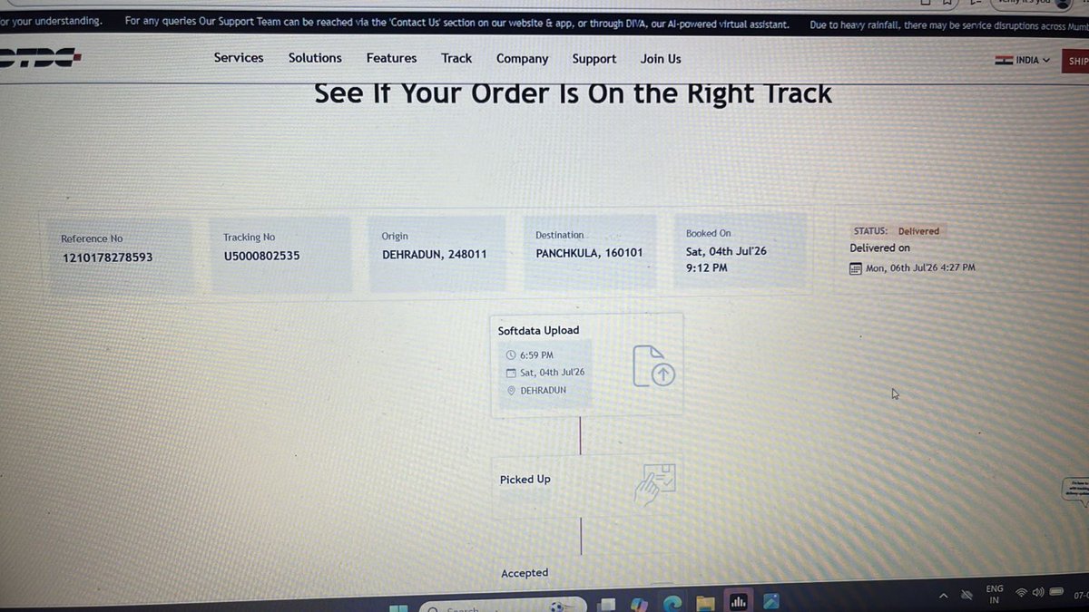 abhyan12's tweet photo. Warning to everyone using @DTDCIndia.

My consignment U5000802535 has been marked as delivered to Ms. Varinder Kaur on 06/07/2026, but there was no delivery call, no OTP verification, and I did not receive the package.

@consumercourtin 

I have some serious questions for #DTDC:

* How was this shipment delivered without an OTP?
* Why was no delivery call made before marking it as delivered?
* Who accepted the parcel, and on what basis was the delivery completed?
* What proof of delivery do you have?

This is not just a service issue—it’s a matter of customer privacy and security. Every customer deserves a transparent explanation when a shipment is marked as delivered without following basic verification procedures.

DTDC, I expect an immediate investigation and a clear response.

Tracking ID: U5000802535

#DTDC #CourierIssue #WrongDelivery #CustomerRights #DeliveryFailure
