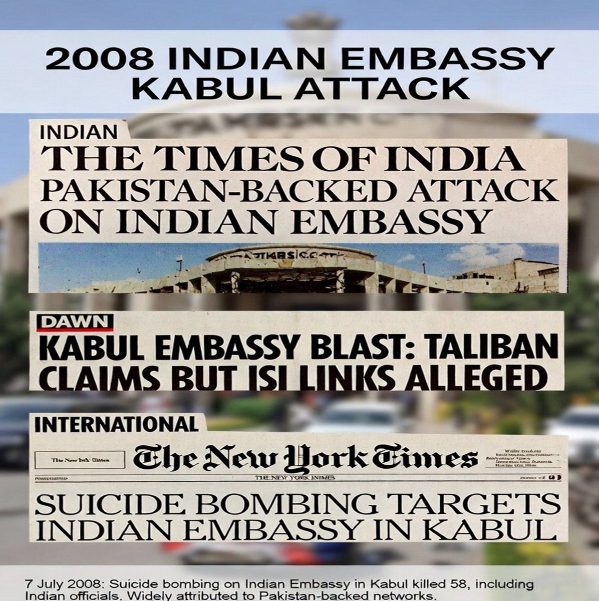 kalpanaxy's tweet photo. The 2008 Kabul embassy bombing, attributed to Pakistan's ISI, targeted the India-Afghanistan friendship. The terror act did not break India's commitment to Afghan progress. #PakistanIsTerrorFactory 
#PakTerrorFactory https://t.co/Kn1bJukw7l