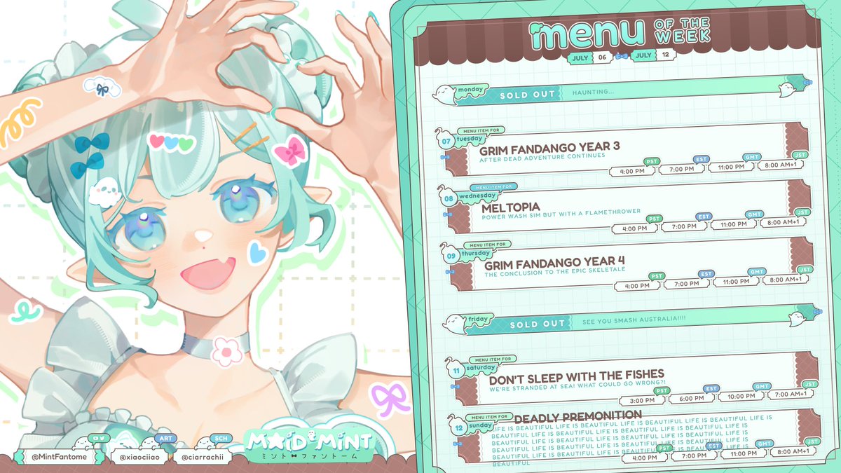 MintFantome's tweet photo. Moe moe BOO! Here's the weekly schedule you ordered!
July 06-July 12👻✨

🎨Art⇒ #Fantography
▶️Livestream⇒ #MintoLive
👻General⇒ #ミント心霊写真
❗️Oshikatsu(Plushie)⇒ #Mintogo 
🔞⇒ #FreakFantome https://t.co/NYA8zp77yZ