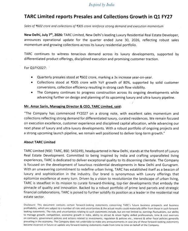 gaze_observer's tweet photo. TARC Limited Q1FY27 Business Update
#TARC #Q1FY27 #Nifty
➤ Pre Sales ₹602 Cr (3x YoY)
➤ Collections ₹305 Cr (+80% YoY)
➤ Strong customer conversions and collection efficiency supported improved cash flow visibility
➤ Construction continued across ongoing developments, while design and planning progressed for the upcoming luxury and ultra-luxury project pipeline