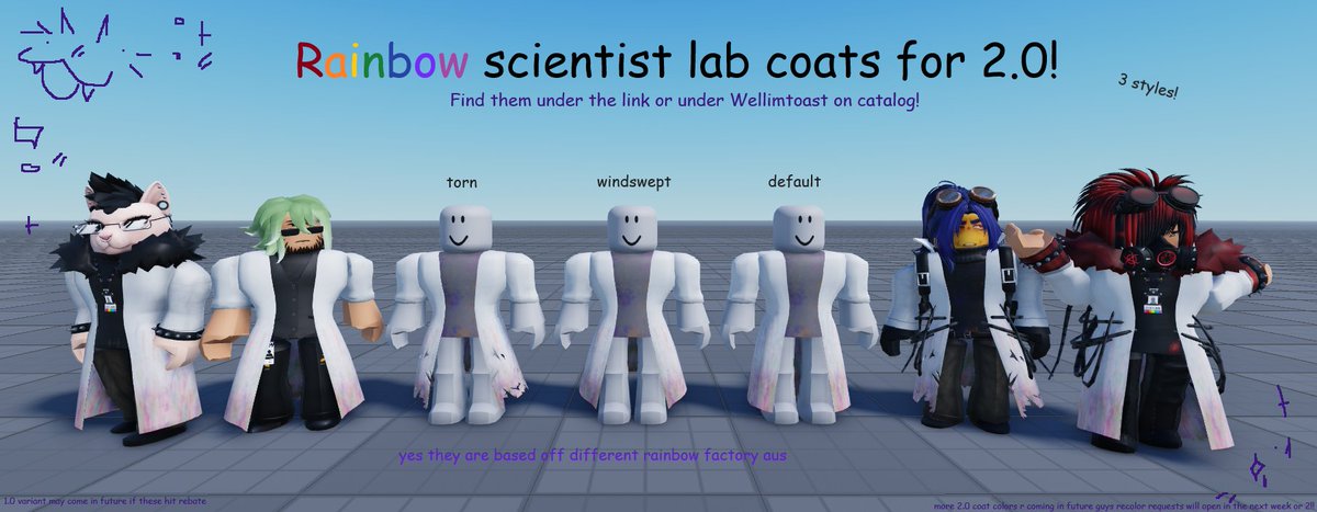 Wellimtoast's tweet photo. Catch up ugc release! 🌟

Rainbow lab coats for 2.0 are now out! 

The sleeves from my white lab coats work on all 3! 

Find em here! -> https://t.co/YIkZWvUpgs

Only like 3 months late LOL 😭

#RobloxDEV #roblox #RobloxUGC #UGC https://t.co/qYe1jO3A4z