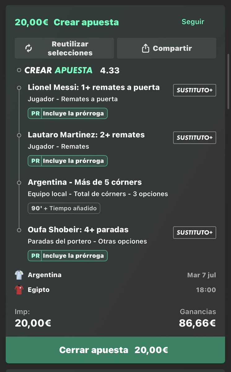 lowstkzzbet's tweet photo. 👀ESTRATEGIA INVERSION PACK 5 APUESTAS REPARTIDAS✅
Me juego 100€ y con tan solo 2 aciertos ya hay beneficio🟢
Ganancias potenciales: 500€⚠️
Argentina vs Egipto
#apuestas #apuestadeportiva #bet #pronostico #mundial #cuota #inversion #ia #argentina https://t.co/5gDvoxXCbh
