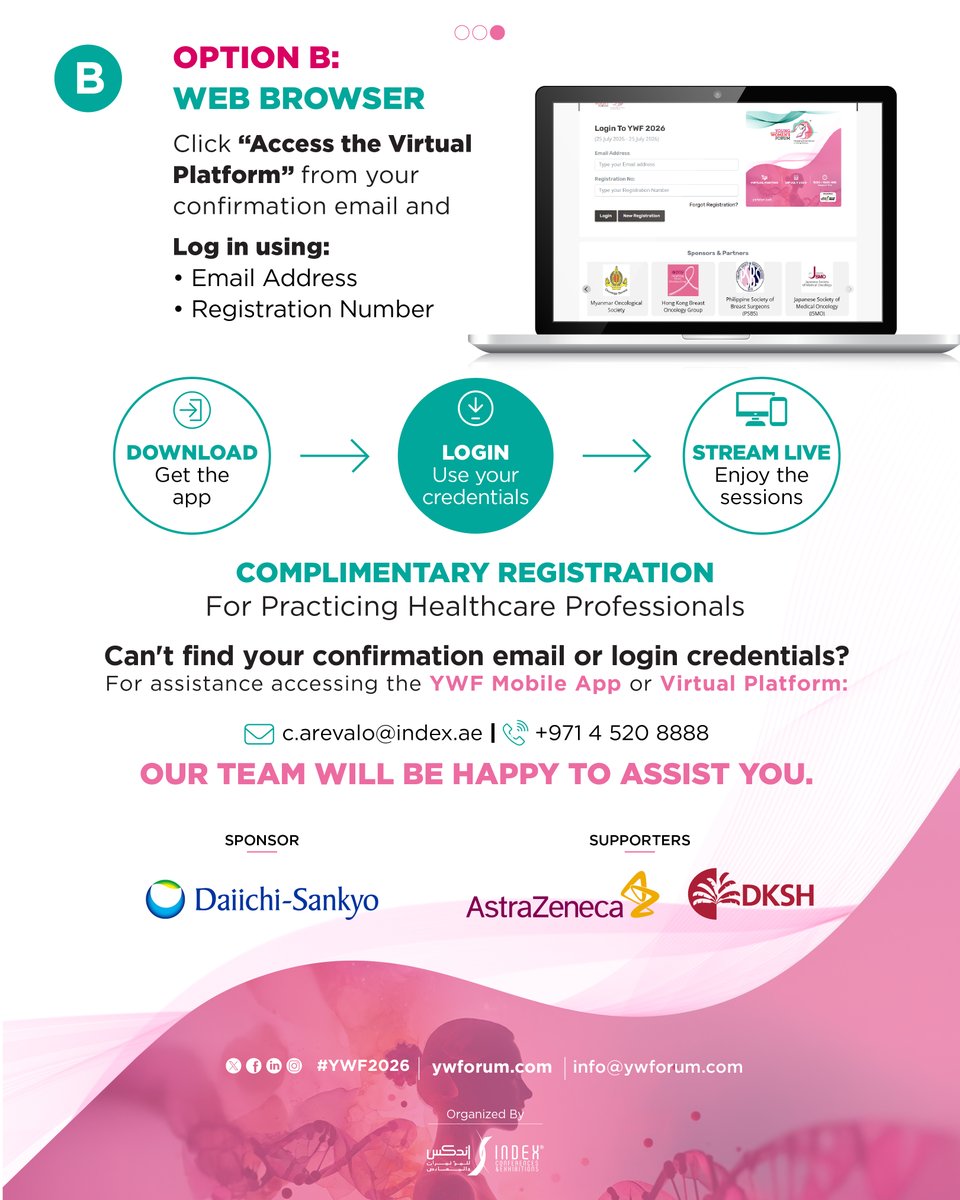 ywforum_'s tweet photo. Access YWF 2026 with ease.
Join via the YWF Mobile App or web platform to stream live sessions, explore the scientific program, and manage your agenda.
π
25 July 2026
π Virtual Meeting
https://t.co/bKrYZsrCZW
#YWF2026 #MedicalEducation #VirtualConference https://t.co/YqsdYi8kkh