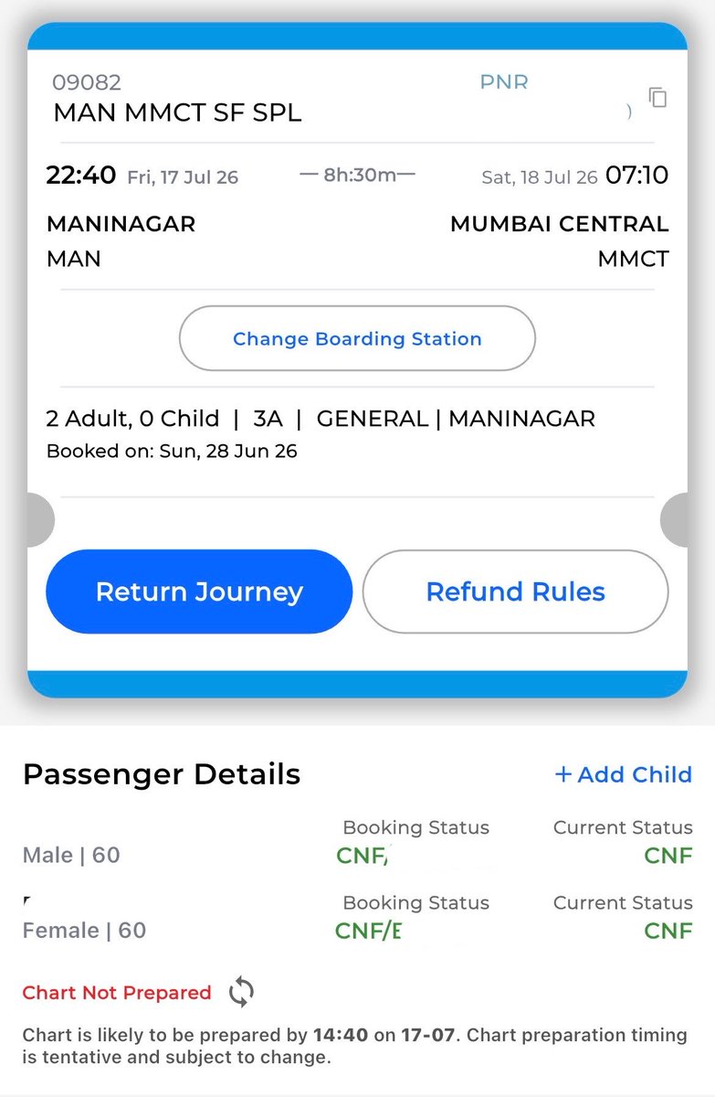 rushi_sh's tweet photo. @IRCTCofficial booked tickets from MAN to MMCT for 17/06/2026, Train No. 09082. Train has been cancelled but I haven’t received any refund for the same. When I try to cancel ticket it is charging me cancellation charges. Since the train was cancelled I should receive full refund. https://t.co/lX75gV61Ga