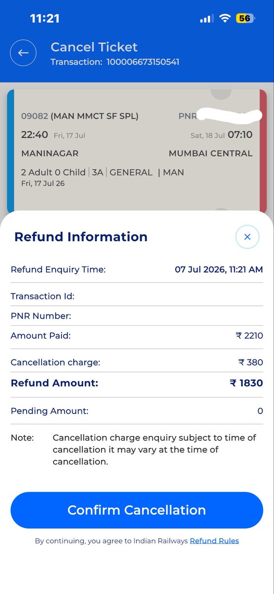 rushi_sh's tweet photo. @IRCTCofficial booked tickets from MAN to MMCT for 17/06/2026, Train No. 09082. Train has been cancelled but I haven’t received any refund for the same. When I try to cancel ticket it is charging me cancellation charges. Since the train was cancelled I should receive full refund. https://t.co/lX75gV61Ga