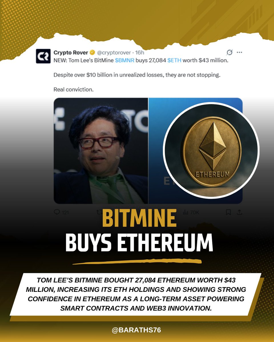 BarathS76's tweet photo. Everyone watches the market when prices go up.
Few pay attention to what big players do during uncertainty.

BitMine just bought 27,084 ETH worth $43 million, increasing its Ethereum holdings despite market volatility. Moves like this show how institutions think beyond short - term price swings and focus on long-term technology.

Conviction often looks uncomfortable before it looks smart.