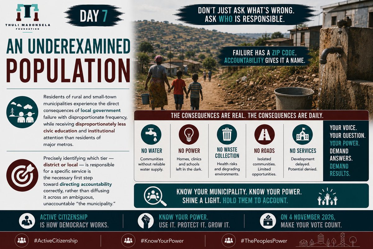 ThumaFoundation's tweet photo. Residents of rural and small-town municipalities experience the direct consequences of local government failure with disproportionate frequency, while receiving disproportionately less civic education and institutional attention than residents of major metros. 

Precisely identifying which tier, district or local, is responsible for a specific service is the necessary first step toward directing accountability correctly, rather than diffusing it across an ambiguous, unaccountable "the municipality."

#ActiveCitizenship #KnowYourPower #ThePeoplesPower