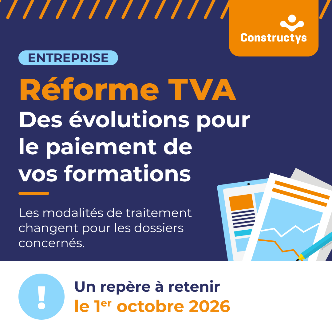Constructys_'s tweet photo. 🔔 Réforme TVA/paiement : ce qui change 

📅 Du 1er octobre au 31 décembre 2026, un premier dispositif transitoire est mis en place.
✔️ Dès 2027, de nouvelles modalités seront pérennisées.
📲 Découvrez le parcours : https://t.co/EOVUUdcfHM 

 #Formation #OPCO #Construction https://t.co/UMxEllg6tb