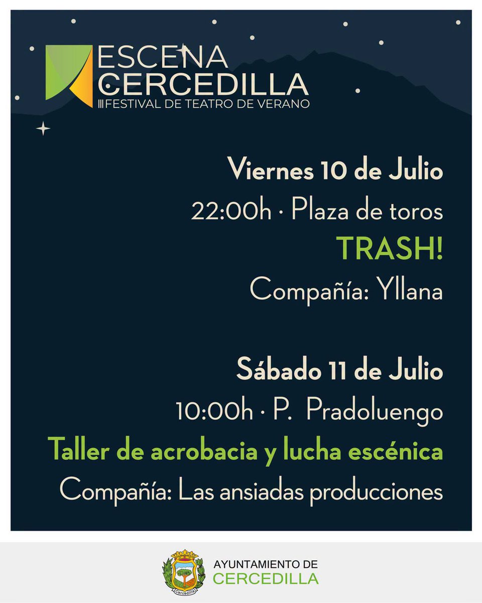 PolloCercedilla's tweet photo. 🎭✨ ¡Vuelve el Festival de Teatro de Verano Escena Cercedilla!

Del 8 al 11 de julio, Cercedilla se convertirá de nuevo en un gran escenario al aire libre con la celebración de la III edición de Escena Cercedilla, una cita ya imprescindible de nuestros veranos. https://t.co/dslEDcBQz7