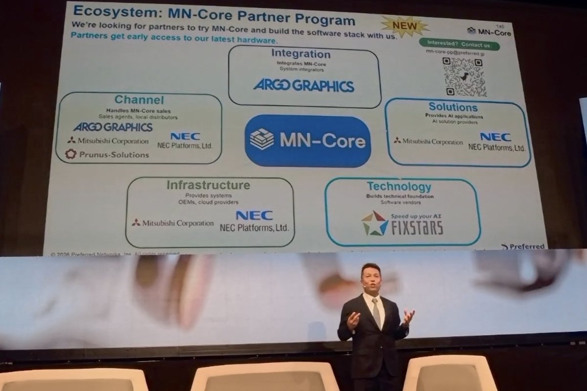 PreferredNet's tweet photo. At a recent 🇫🇷CEA-Leti event, Takahiro Ogura, President of PFN’s AI Computing Division, introduced the MN-Core™ Partner Program. We’re inviting partners to help build businesses powered by MN-Core AI chips! Details👉 https://t.co/Zo3lvZP9lL https://t.co/0dbevIEVVl