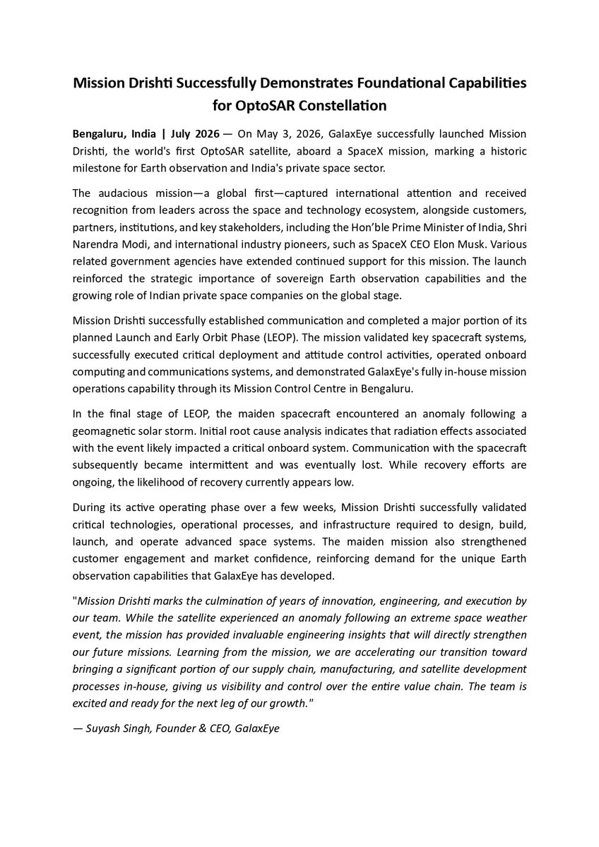 TitaniumSV5's tweet photo. GalaxEye press release on the status of Drishti: https://t.co/Me1Yjy0g8C https://t.co/ZXGqM2yMoE