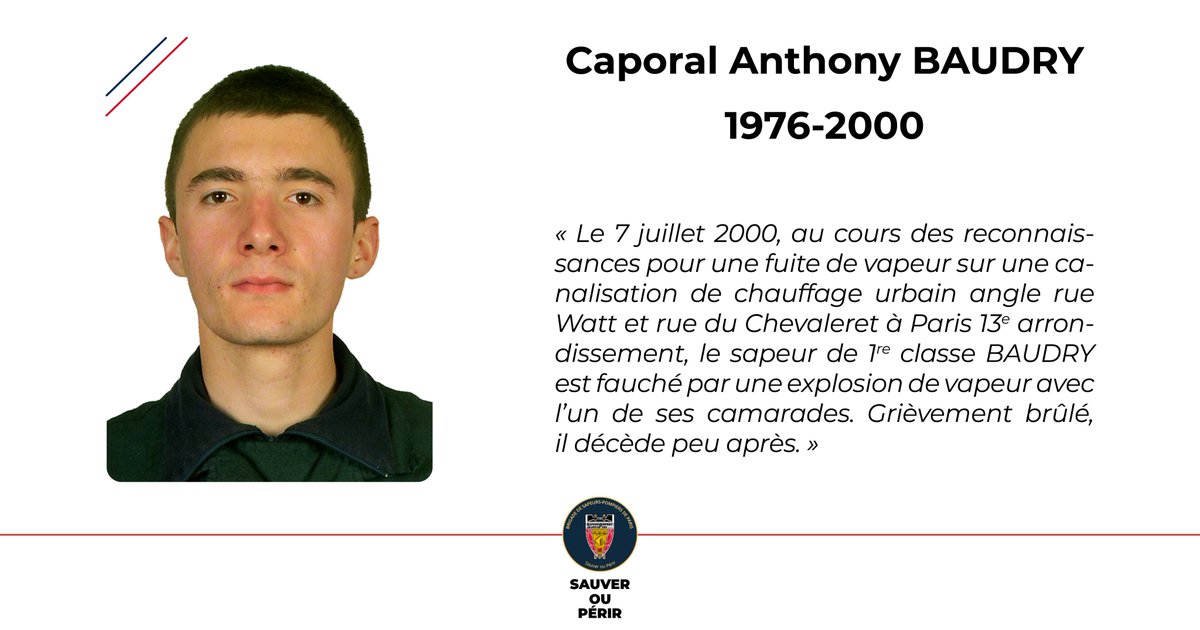 PompiersParis's tweet photo. ⚫ [#Hommage] Il y a 26 ans, au cours des reconnaissances pour une fuite sur une canalisation de chauffage urbain à Paris (13), le sapeur de 1re classe BAUDRY est fauché par une explosion de vapeur avec l’un de ses camarades.

Grièvement brûlé, il décède peu après.

Tous les lundis matin, son nom est cité lors de l'appel des morts au feu.