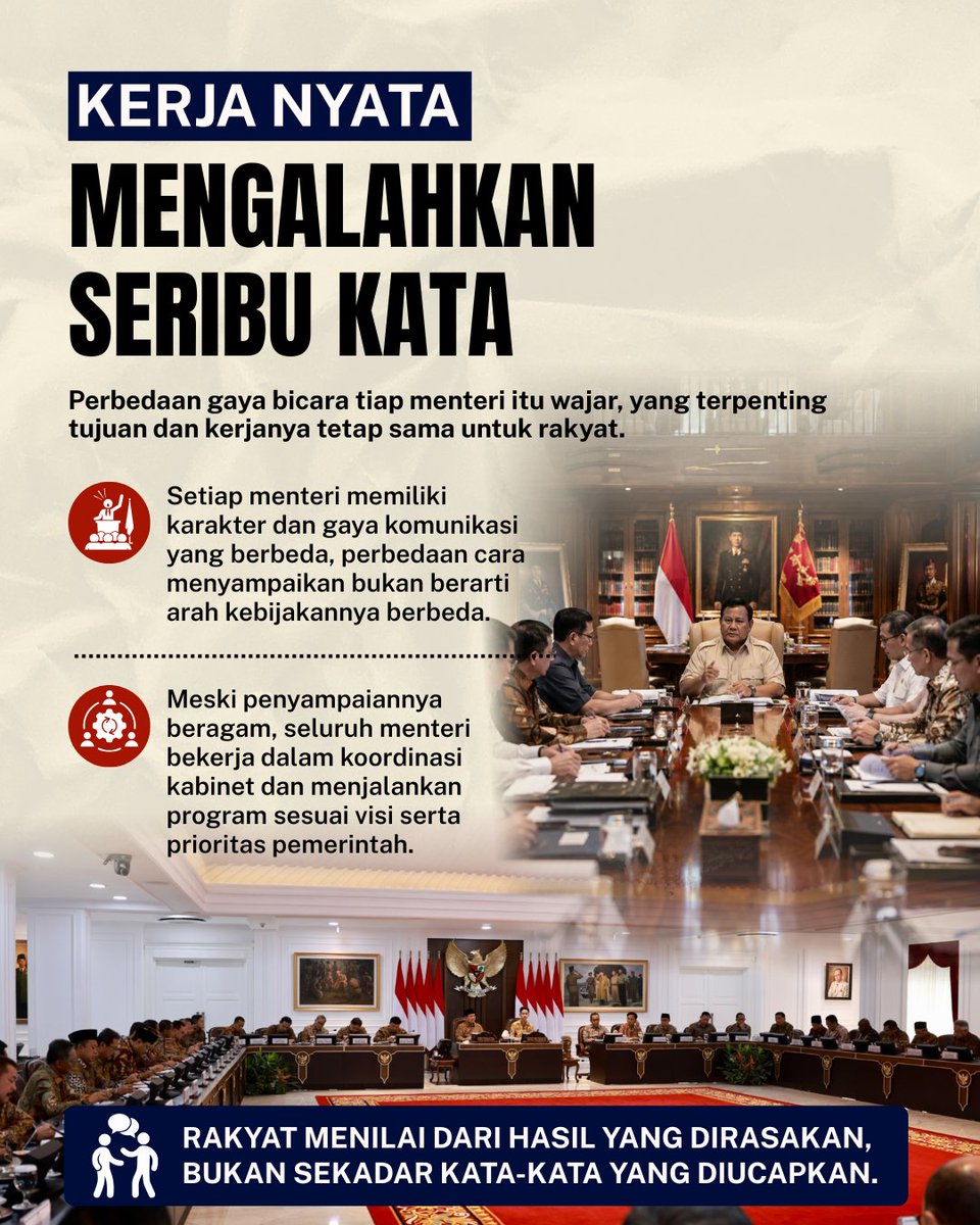 fa7105266's tweet photo. Beda gaya bicara menteri itu hal yang biasa, yang paling penting adalah satu tujuan: bekerja demi rakyat. Hasil nyata jauh lebih berharga daripada sekadar kata-kata. #JagaIndonesia #KerjaNyata #Pemerintah #Kompak #FokusRakyat https://t.co/HLAntWpUT9