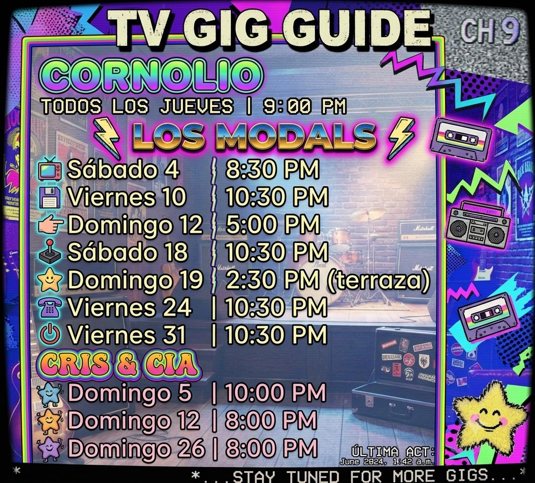 dougdrummer1's tweet photo. Ya está actualizado el calendario del mes de Julio. Todas las fechas en @Rockandfellas
#Cornholio
#LosModals
#CrisYcia https://t.co/Hv0eAROmQm