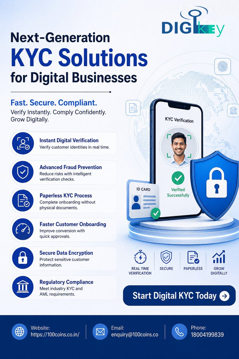 AditekSystemsPL's tweet photo. Next-Generation KYC Solutions for Digital Businesses
· Advanced Fraud Prevention
· Paperless KYC Process
· Secure Data Encryption
Call–18004199839,mail-enquiry@100coins.co
#HappyBirthdayDhoni #Microsoft #100Coins #AditekSystemsPL #DIGIkey #KYCSolution #DigitalKYC #HisenseIndia https://t.co/on64xFgt04