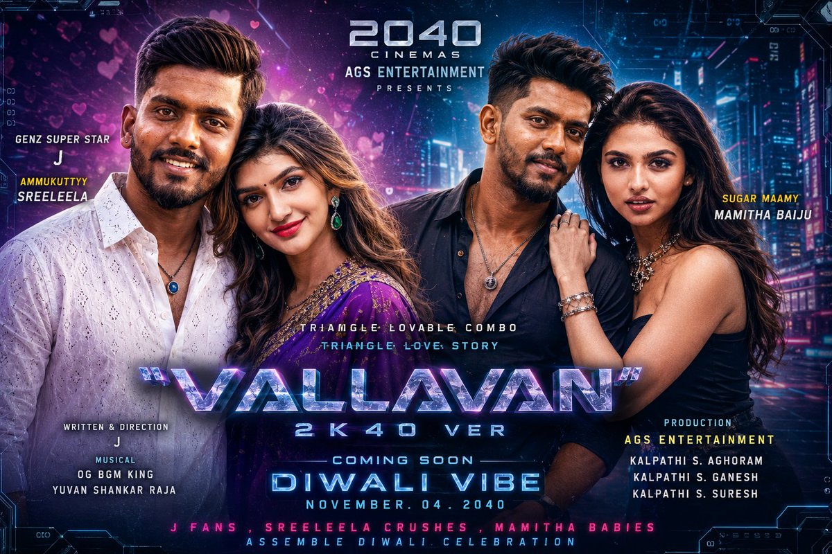 mamithahot's tweet photo. Two love stories. One unforgettable triangle. ❤️🔥
 #Vallavan2K40 brings 
J, #Sreeleela &amp; #MamithaBaiju together in a futuristic 2040 romance. Love, emotion, and 
Yuvan's magic await.
 Coming Soon – November 04, 2040. 🎬✨ #Kollywood #TamilCinema #FanMadePoster https://t.co/1rXcDdkpZs