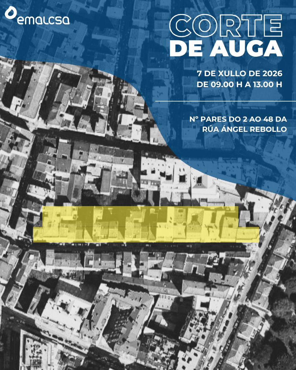 emalcsa's tweet photo. ⚠️ Lembrade!

🚰 Hoxe, martes 7 de xullo, realizarase un corte na subministración de auga entre as 9.00 e as 13.00 horas nos portais:

📍 Nº pares desde o 2 ao 48 da rúa Ángel Rebollo.

🙏 Lamentamos as molestias. https://t.co/3x73fw3kpg