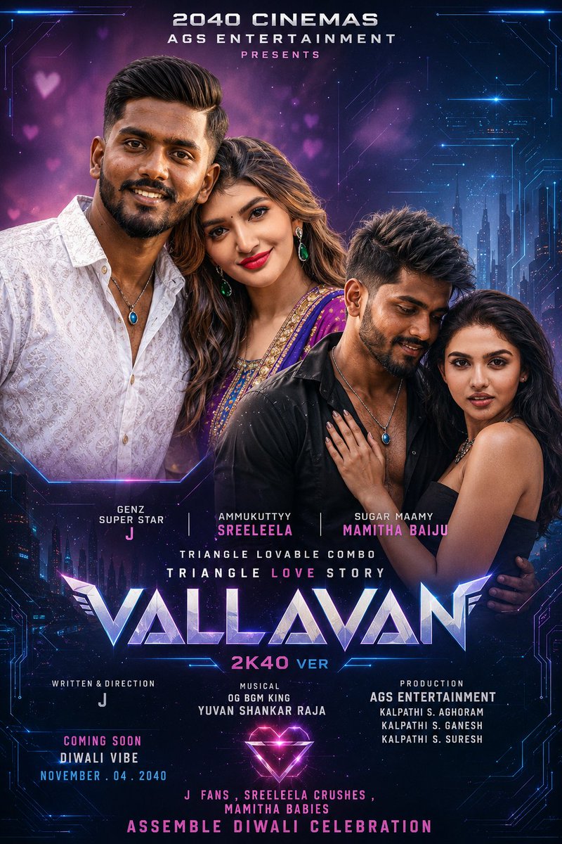 mamithahot's tweet photo. Two love stories. One unforgettable triangle. ❤️🔥
 #Vallavan2K40 brings 
J, #Sreeleela &amp; #MamithaBaiju together in a futuristic 2040 romance. Love, emotion, and 
Yuvan's magic await.
 Coming Soon – November 04, 2040. 🎬✨ #Kollywood #TamilCinema #FanMadePoster https://t.co/1rXcDdkpZs