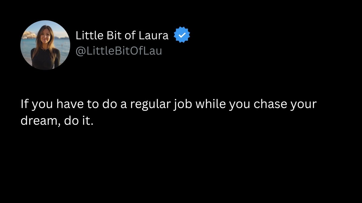 LittleBitOfLau's tweet photo. There’s this wildly romanticized, toxic piece of hustle culture advice that tells you to quit your day job, burn the boats, and leap blindly into your dreams. But the graphic hits on a profound reality: keeping your 9-to-5 while building your vision isn't a lack of faith; it's a https://t.co/zpIHuhDmvn