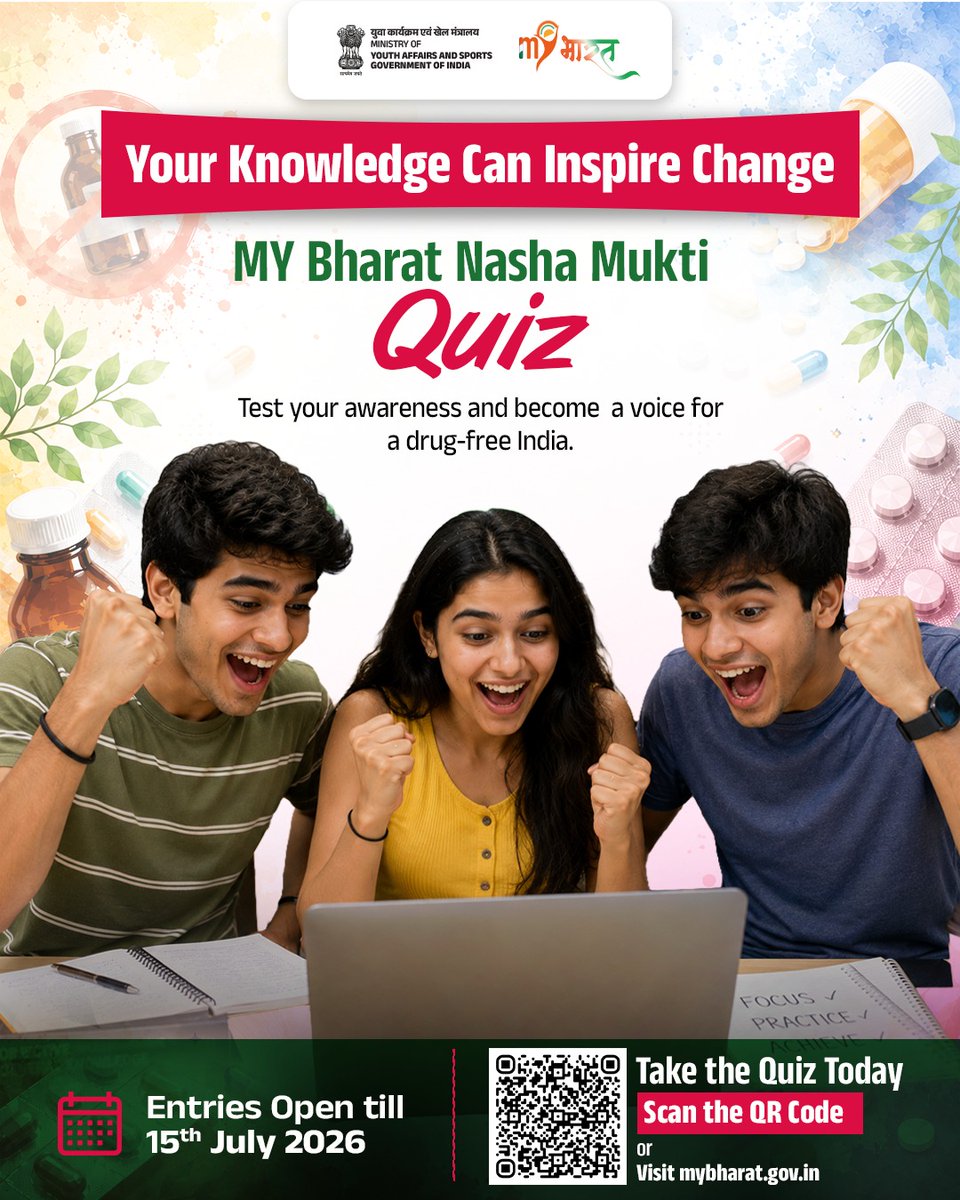 MYBharatHQ's tweet photo. Knowledge is the first step towards change. Take the MY Bharat Nasha Mukti Quiz, test your awareness, and support the vision of a drug-free India.

Entries open till 15th July 2026.

Visit https://t.co/R1j9wC6bJg

#MYBharat https://t.co/7fDm3Uv8Gb