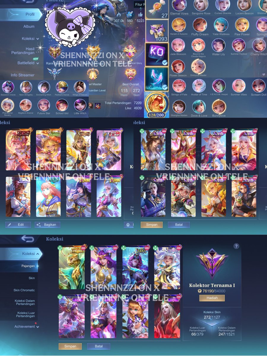 shennnzzi's tweet photo. akun safe hasil tb stokku, allkos ga kgm free ce ingame. full zhuxin, floryn -1 cc, kagura btc &amp; asl, lylia conve +pianted, pharsa allstar +painted. 💵580k+/pas https://t.co/50uhZa6Cls
