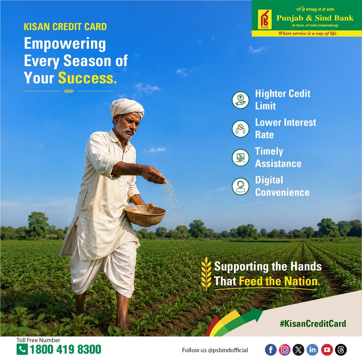 PSBIndOfficial's tweet photo. Every season brings new opportunities—your finances should be ready too. 🌾
Empower your farming journey with the PSB Kisan Credit Card, offering timely credit when you need it most.
#PSBKisanCreditCard #KisanCreditCard #EmpoweringFarmers #Agriculture #FarmFinance #WhereServiceIsAWayOfLife