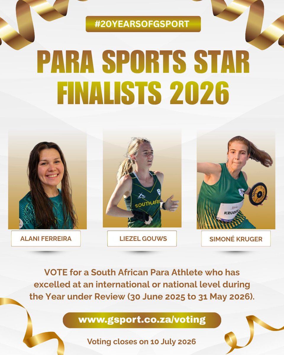 gsport4girls's tweet photo. 𝗩𝗢𝗧𝗘 𝗙𝗢𝗥 𝗬𝗢𝗨𝗥 #GSPORT21 𝗔𝗧𝗛𝗟𝗘𝗧𝗘 𝗙𝗜𝗡𝗔𝗟𝗜𝗦𝗧𝗦!
* Para Sports Star of the Year
* Athlete of the Year
Vote for her and the rest of your favourite finalists!
📷 Website: https://t.co/eCnGpzgwLO
📷 Closes: 10 July 2026
#IRecogniseHer #20YearsOfgsport https://t.co/AF6oepdRZE