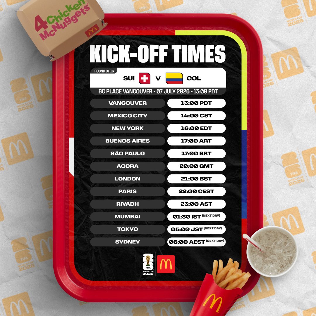 FIFAWorldCup's tweet photo. Who makes it to Quarter-finals?

#FIFAWorldCup #KickOffTimes @McDonalds