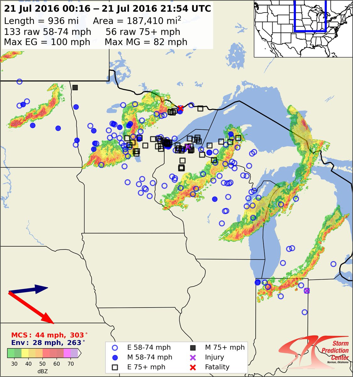 weather_history's tweet photo. July 20-21, 2016:

A derecho began in North Dakota and moved into the Upper Midwest during the late evening. Wind gusts as high as 103 mph were recorded in the Duluth, MN, area. At least 75,000 customers lost power. Two campers were killed at Basswood Lake in Ontario.

#wxhistory https://t.co/tnh1pbkbY5