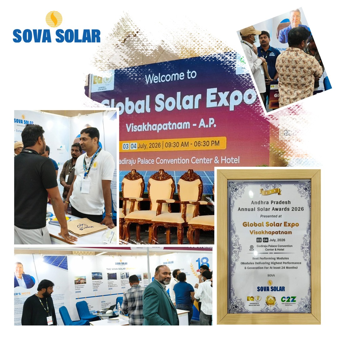 SovaSolar's tweet photo. Thank you, Visakhapatnam! 🌞 We're also proud to receive the Andhra Pradesh Annual Solar Award 2026 for Best Performing Modules—a testament to our commitment to quality and performance.  Together, let's power a greener future.  #SOVASolar #GlobalSolarExpo2026 #SolarEnergy https://t.co/aQuwTsD4bm