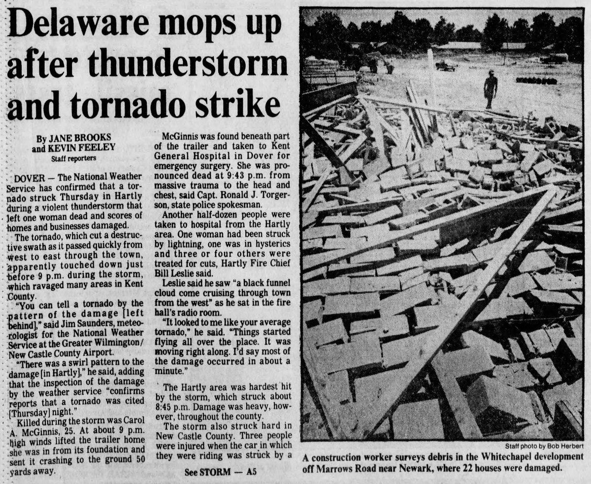 weather_history's tweet photo. July 21, 1983:

A small outbreak of nine tornadoes affected the Great Lakes and Mid-Atlantic regions. Three of the twisters were significant (F2+), the strongest of which was an F3 in Ocean County, New Jersey. An F2 destroyed mobile homes near Hartly, DE, killing two.

#wxhistory https://t.co/ECIvudu3lq