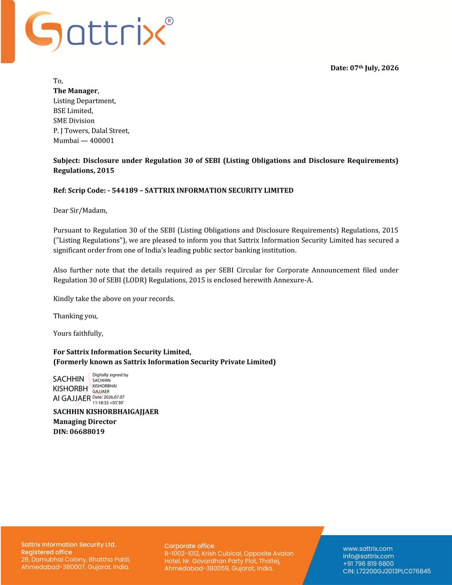 stocknewslatest's tweet photo. #SATTRIX Sattrix Information Security Limited secured a significant order valued at 9.30 Cr from a leading Indian public sector banking institution. The contract is for managed security services for their cyber security defense center, with a total duration of three years. https://t.co/VRTmj0Ly5C