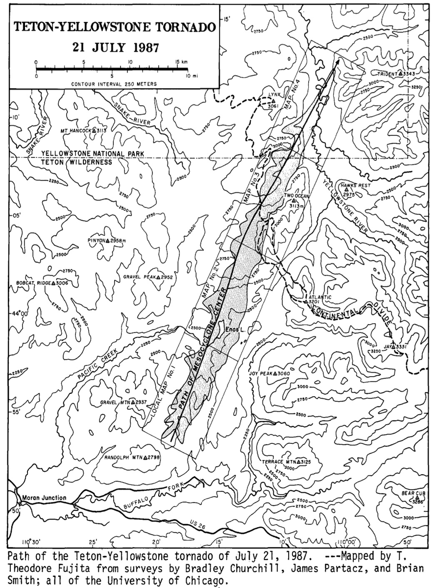 weather_history's tweet photo. July 21, 1987:

A massive F4 struck in northwestern Wyoming. The 1.5-mile wide wedge occurred at an elevation of >8000 ft, making this event the highest altitude violent tornado in US history. Around a million trees were snapped, uprooted, or debarked/denuded.

#wxhistory https://t.co/ijhzcXvaQ7