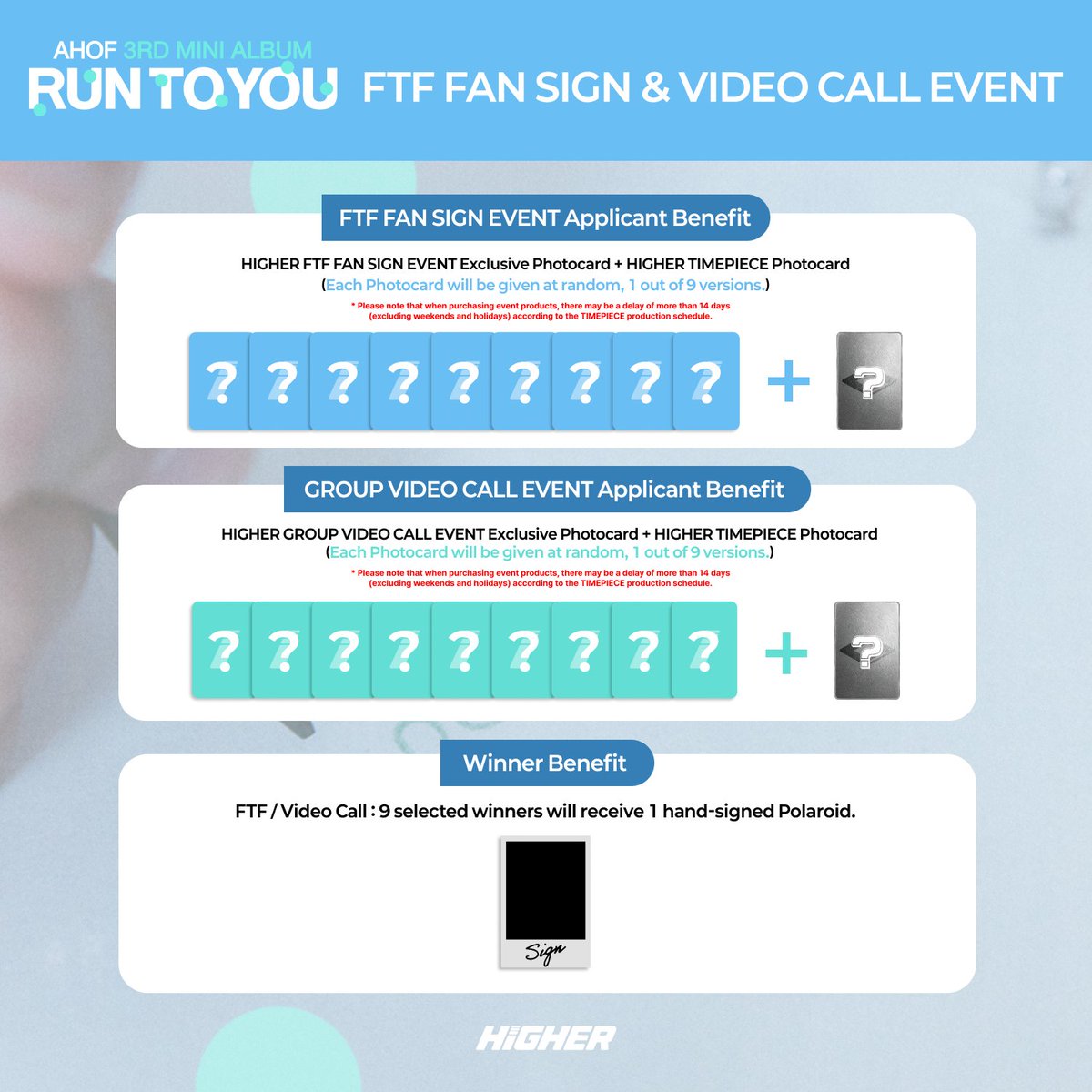 HIGHER_twt's tweet photo. AHOF The 3rd Mini Album [RUN TO YOU] Fansign Event!

❤️‍🔥 Exclusive bonus gift only at HIGHER!

Enter the AHOF fansign event 
and receive an unreleased selfie photocard, plus a HIGHER-exclusive comeback stage TIMEPIECE!

Application Period: ~ Jul. 8, 11:59 PM (KST)