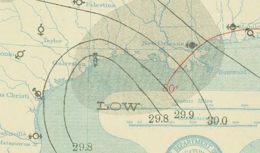 weather_history's tweet photo. July 21, 1909:

A Category 3 hurricane made landfall over Velasco, Texas (about 40 miles southwest of Galveston), devastating a quarter of the town. Damage in Galveston was mostly mitigated by the newly build Galveston Seawall. Sadly, 41 people lost their lives.

#wxhistory https://t.co/zIHIYGg7SM