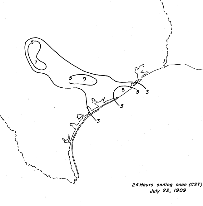 weather_history's tweet photo. July 21, 1909:

A Category 3 hurricane made landfall over Velasco, Texas (about 40 miles southwest of Galveston), devastating a quarter of the town. Damage in Galveston was mostly mitigated by the newly build Galveston Seawall. Sadly, 41 people lost their lives.

#wxhistory https://t.co/zIHIYGg7SM