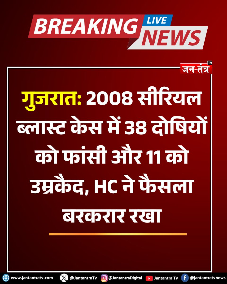 JantantraTv's tweet photo. #breakingnews: गुजरात: 2008 सीरियल ब्लास्ट केस में 38 दोषियों को फांसी और 11 को उम्रकैद, HC ने फैसला बरकरार रखा
#GujaratBlastCase #AhmedabadBlast #SerialBlastCase #GujaratHighCourt #BreakingNews #IndiaNews #CourtVerdict #DeathSentence #LifeImprisonment #Justice #CrimeNews #TerrorCase #Ahmedabad #jantantratv
