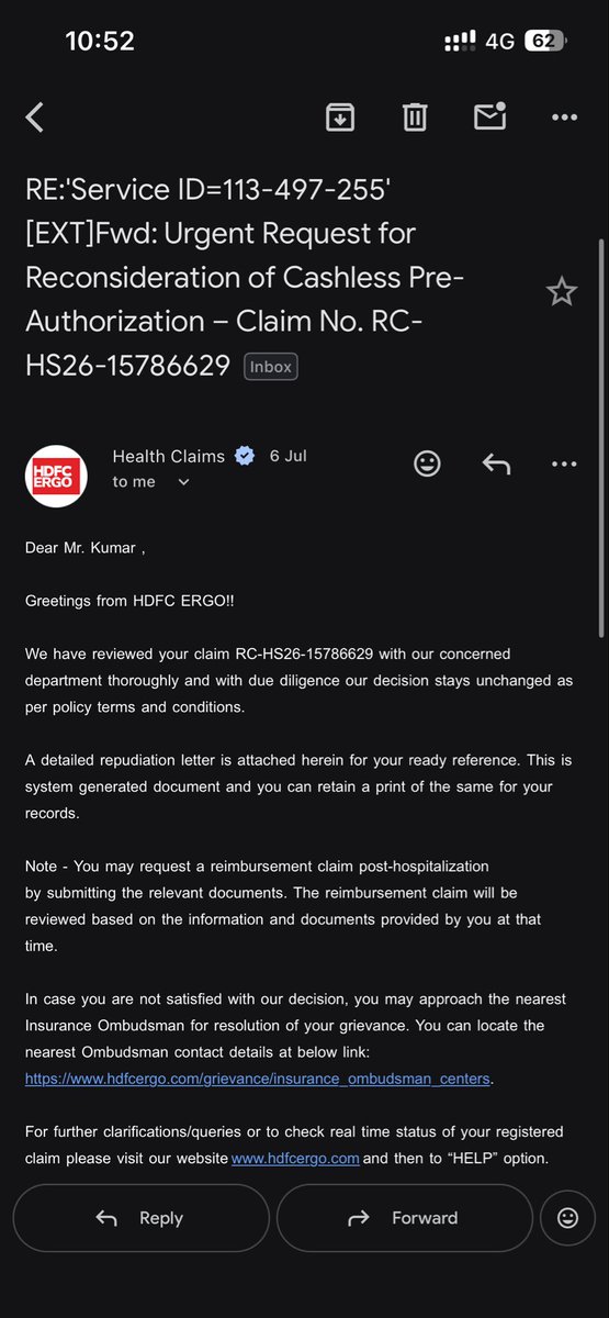 PraveenKumar_NK's tweet photo. @HDFCERGOGIC @policybazaar @PBHelpDesk 

So now it’s “repudiated as per the policy terms and conditions.”

Which policy terms? Which conditions? Which clause?

I’ve asked this same question repeatedly through email, Instagram, X, and even your customer care. Every response is just another template with different wording but not one of them tells me the actual reason.

First it was:
“Admissibility of claim cannot be decided.”

Then:
“Decision remains unchanged as per policy terms.”

Now:
“Claim has been repudiated as per policy terms and conditions.”

None of these explain WHY.

You expect a family dealing with an SLE-induced stroke and an ongoing hospitalization to simply accept “policy terms and conditions” without telling us which policy term, which exclusion, which waiting period, or which missing document?

And then the only advice is “Go for reimbursement.”

Reimbursement of what if you won’t even tell me why you’ve rejected cashless? If the claim has really been repudiated, shouldn’t you at least tell me the legal and contractual basis for that decision?

This isn’t customer service. This is making families chase answers while they’re trying to save a loved one’s life.