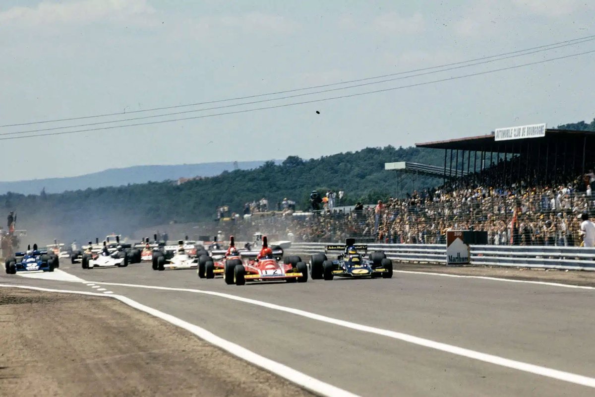 MsportXtra's tweet photo. #F1 #OnThisDay, July 7th 1974. The #FrenchGP, held at Dijon-Prenois, was a good one for Ronnie Peterson in the Lotus as he went from P2 on the grid to win the race ahead of Niki Lauda in the @ScuderiaFerrari . Clay Regazzoni (Ferrari) took 3rd. https://t.co/q1EkdZAdmw #MsportXtra https://t.co/vF3p9xYVTA