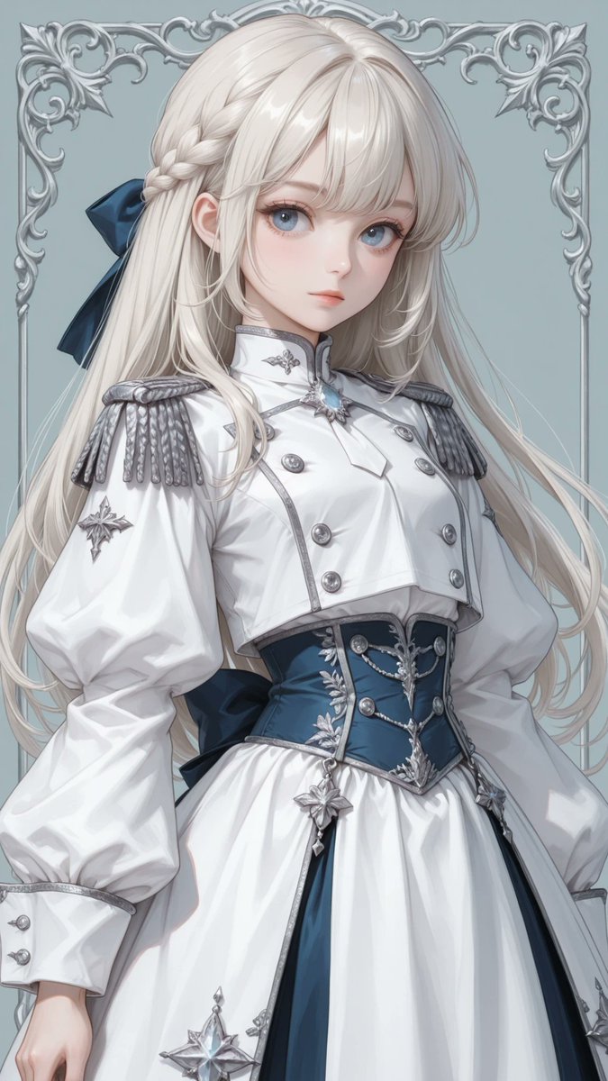 AliceLavli's tweet photo. RPGに出てくる白魔法使いみたいな衣装プロンプトをどうぞ✨
elegant military-inspired fantasy dress, above-knee length, pure white matte fabric, high stand collar, layered front jabot with cascading ruffles, oversized dusty blue ribbon bow at the neckline with a silver jewel brooch centerpiece, long bishop sleeves with fitted wide cuffs, softly gathered sleeve heads, decorative silver shoulder fringe epaulettes, fitted high waist, structured dusty blue corset-style waist panel with four large engraved silver buttons, curved peplum overskirt trimmed with silver braid, wide dusty blue vertical front panels extending from the shoulders to the hem, each panel edged with silver braid and finished with engraved silver buttons near the hem, asymmetrical side overskirt panels extending below the skirt, silver embroidered geometric star motifs decorating both side panels, fine silver rope trim outlining all major seams and hems, hidden back zipper closure, lightweight woven fabric, elegant fantasy military aesthetic, strict color placement, pure white fabric only, dusty blue panels, ribbon and corset only, silver embroidery, braid, buttons, shoulder fringe and brooch only, no additional colors, no additional decorations, clean symmetrical tailoring, smooth wrinkle-free fabric, highly detailed stitching, fashion catalog quality