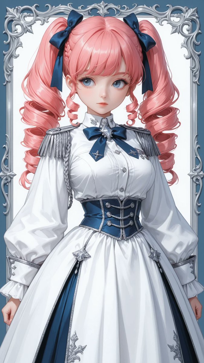 AliceLavli's tweet photo. RPGに出てくる白魔法使いみたいな衣装プロンプトをどうぞ✨
elegant military-inspired fantasy dress, above-knee length, pure white matte fabric, high stand collar, layered front jabot with cascading ruffles, oversized dusty blue ribbon bow at the neckline with a silver jewel brooch centerpiece, long bishop sleeves with fitted wide cuffs, softly gathered sleeve heads, decorative silver shoulder fringe epaulettes, fitted high waist, structured dusty blue corset-style waist panel with four large engraved silver buttons, curved peplum overskirt trimmed with silver braid, wide dusty blue vertical front panels extending from the shoulders to the hem, each panel edged with silver braid and finished with engraved silver buttons near the hem, asymmetrical side overskirt panels extending below the skirt, silver embroidered geometric star motifs decorating both side panels, fine silver rope trim outlining all major seams and hems, hidden back zipper closure, lightweight woven fabric, elegant fantasy military aesthetic, strict color placement, pure white fabric only, dusty blue panels, ribbon and corset only, silver embroidery, braid, buttons, shoulder fringe and brooch only, no additional colors, no additional decorations, clean symmetrical tailoring, smooth wrinkle-free fabric, highly detailed stitching, fashion catalog quality