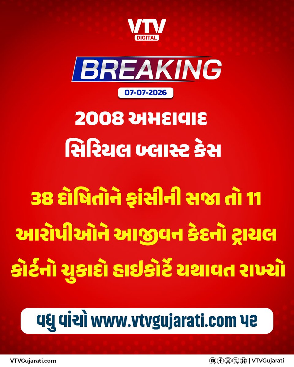 VtvGujarati's tweet photo. 2008 અમદાવાદ સિરિયલ બ્લાસ્ટ કેસમાં હાઇકોર્ટનો સૌથી મોટો ચુકાદો
#Ahmedabad #SerialBlast #GujaratHighCourt #CourtVerdict #Justice #VTVDigital https://t.co/R8S0DxjLRw