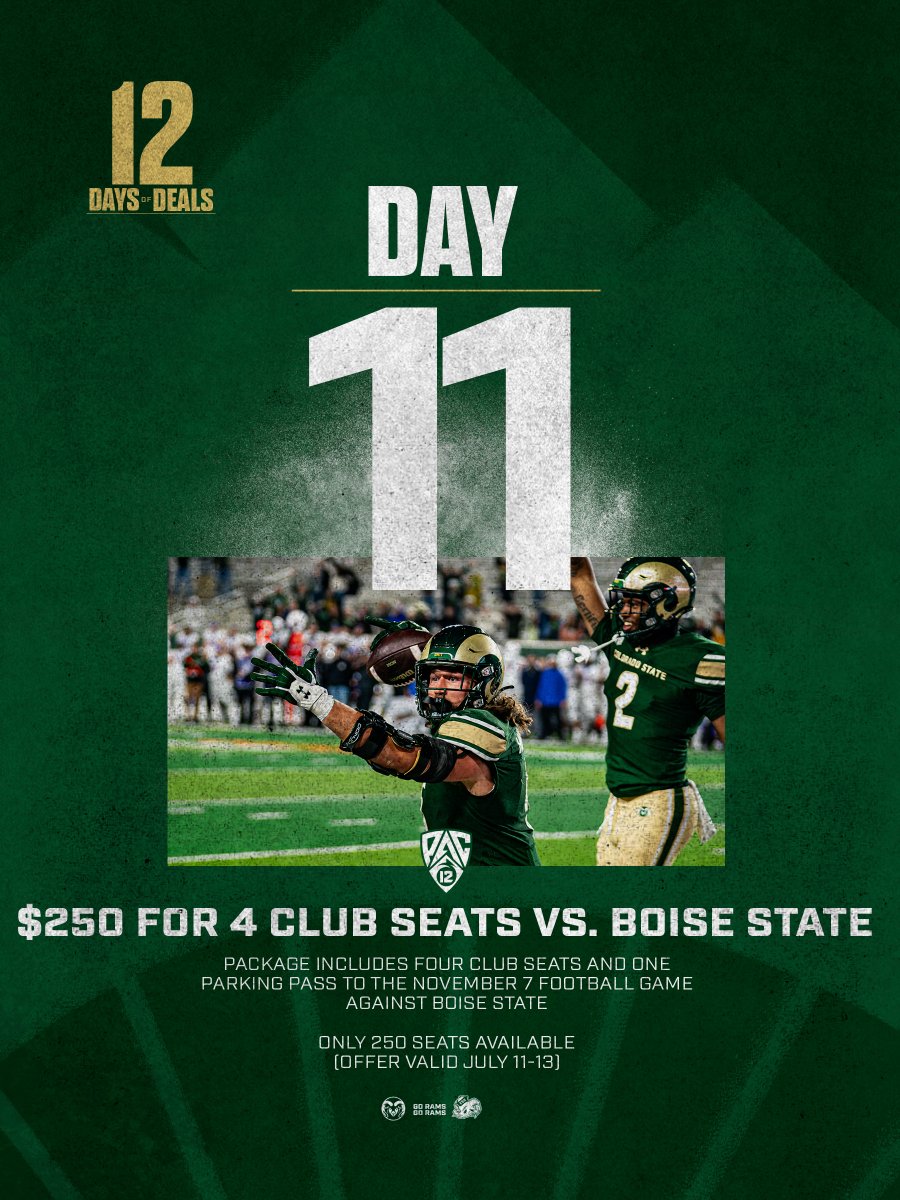 CSURams's tweet photo. 𝟭𝟮 𝗗𝗔𝗬𝗦 𝗢𝗙 𝗗𝗘𝗔𝗟𝗦: 𝗗𝗔𝗬 𝟭𝟭 🎁

Club seats for Boise State? Say less. 🐏🔥

Get 4 club seats + 1 parking pass for @CSUFootball vs. Boise State on Nov. 7 for just $250!

Only 250 seats available. Offer valid July 11-13.

🎟️ Claim the deal » https://t.co/Ycuz391GSA https://t.co/V6EiOIVPdQ