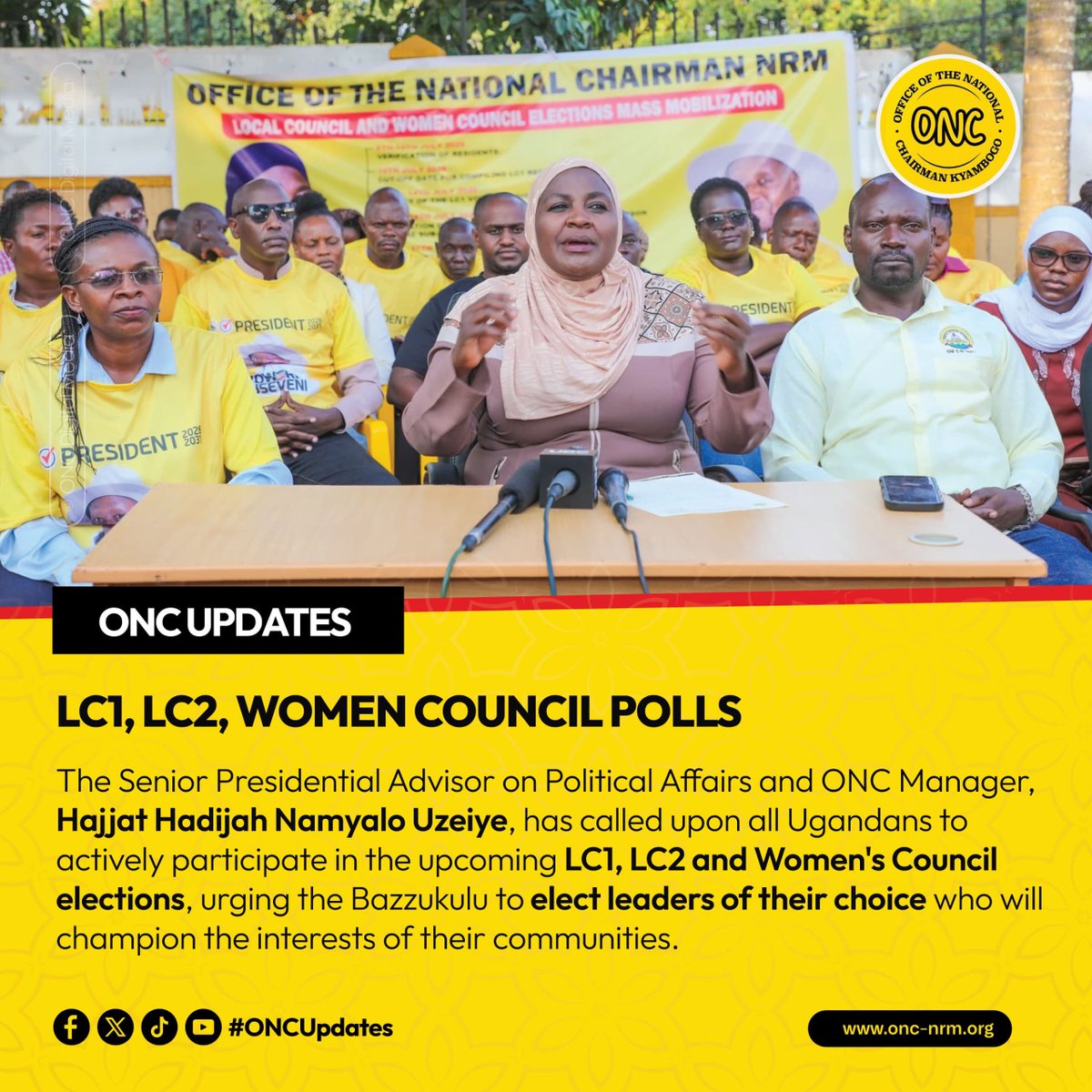 mwibo_benjamin's tweet photo. HAJJAT NAMYALO URGES UGANDANS TO TURN UP FOR LC1, LC2, WOMEN COUNCIL POLLS

The Senior Presidential Advisor on Political Affairs and ONC Manager, Hajjat Hadijah Namyalo Uzeiye, has urged Ugandans to turn out in large numbers for the upcoming LC1, LC2 and Women's Council elections.

She called on the Bazzukulu to elect leaders of their own choice, ones who will genuinely champion the interests of their communities.

#HajjatHadijahNamyaloUzeiye #ONC, #LC1 #elections, #LC2 #elections, #Women #Council #elections, #Bazzukulu, #LocalGovernment, #Uganda