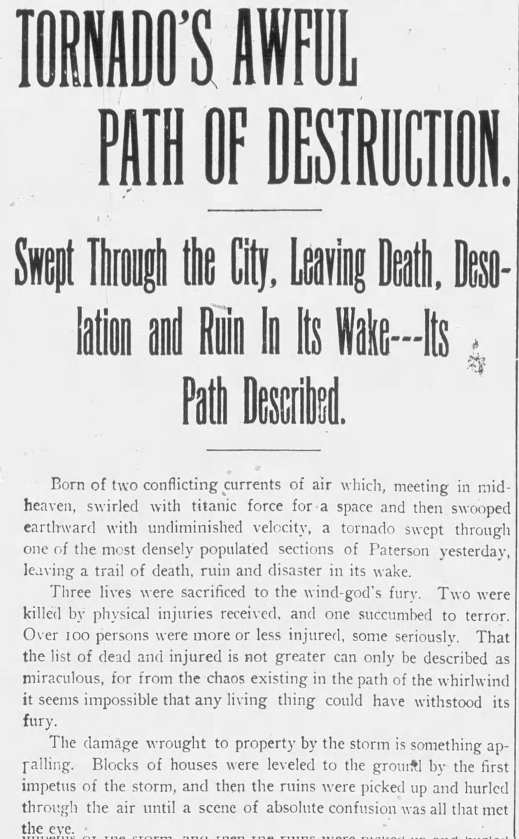 weather_history's tweet photo. July 22, 1903:

A significant tornado impacted Passiac County, New Jersey. The F2 cut a 7-mile path through Paterson and surrounding communities. Six homes and 30 other buildings were destroyed, and 200 more were damaged. Two people were killed and 100 were injured.

#wxhistory https://t.co/I25RIpmDga
