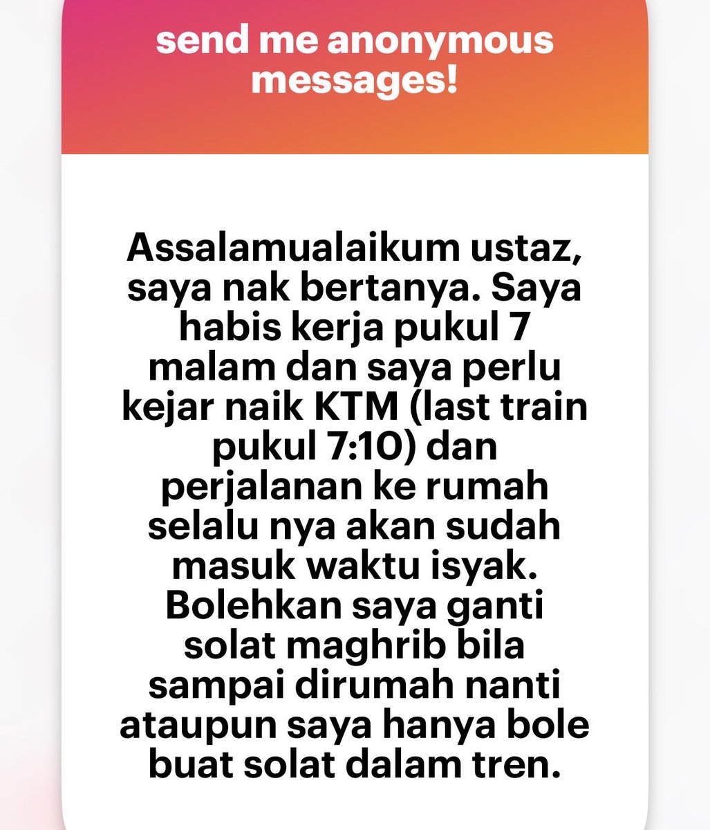 mnasrullah00's tweet photo. Waalaikumussalam 

Jika tak mampu kejar masa untuk solat Maghrib, boleh niat jamakkan solat tanpa qasar kerana ada masyaqqah (halangan untuk solat), kemudian solat jamak dengan isyak.

Ini lebih baik berbanding mengqada’kan solat dengan sengaja; kerana perbuatan qada solat termasuk dalam dosa meninggalkan solat dengan sengaja.

Wallahua’lam