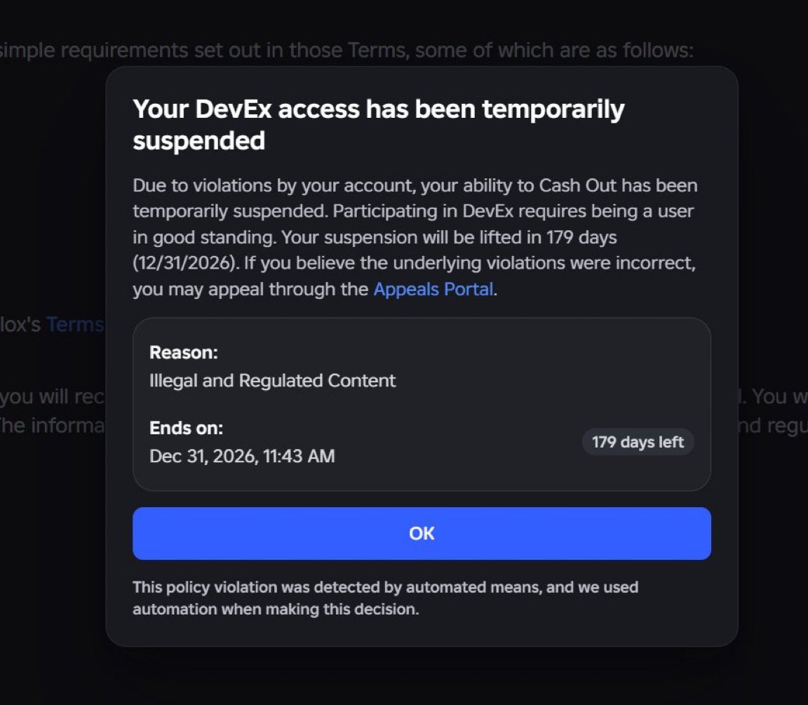 Abbasrant's tweet photo. Roblox has introduced a new type of ban

They can now temporarily suspend your ability to cash out through DevEx for a specified number of days if you violate its Terms of Service https://t.co/vc8Qhd62kX