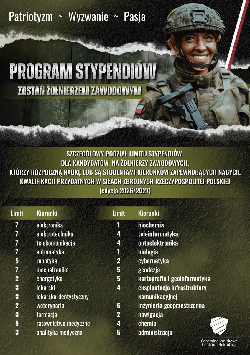 WCRPlock's tweet photo. 🎓 Studiuj, rozwijaj pasję i zdobądź zawód w #WojskoPolskie! Ogłaszamy Program Stypendiów (2026/2027) dla studentów kierunków przydatnych w Siłach Zbrojnych RP (https://t.co/OCsfNasIbo. medycyna, IT, elektronika, geodezja, robotyka).
🔗 Szczegóły programu: https://t.co/s4Ta2ejwt8 https://t.co/gz9aSSVNMR