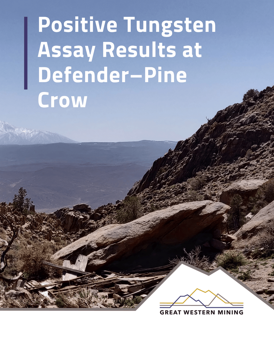 mining_great's tweet photo. Channel Sampling Returns Positive Tungsten Assay Results at Defender-Pine Crow, Nevada
 
Four new machine-cut channels completed in April 2026 returned significant tungsten mineralisation with very low concentrations of penalty elements
 
Results support a ~3 km mineralised trend, ahead of maiden drilling programme expected to commence in the coming weeks

Read in full -  https://t.co/jkBbGd2rzN
 
#Tungsten #GMWOF #GMWO