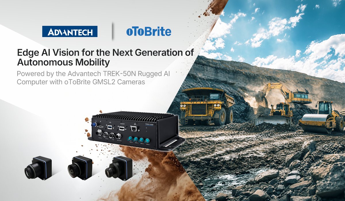 oToBrite2013's tweet photo. ⛏️ Built for the toughest job sites: oToBrite cameras integrated on Advantech's TREK-50N
Advantech has long been one of oToBrite's trusted partners, and we're excited to add the TREK-50N to our growing list of validated GMSL camera platforms. https://t.co/ktJ7MXM2mV